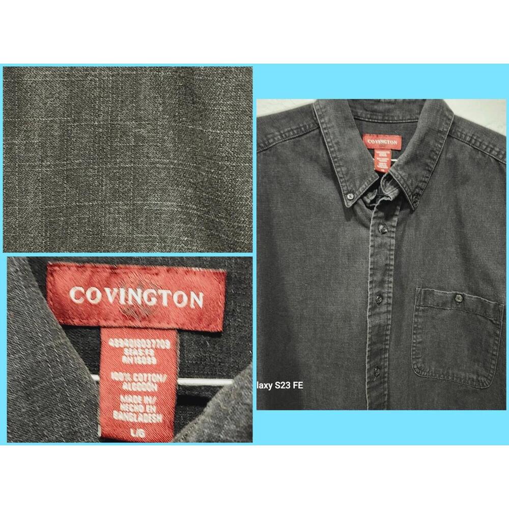 Mens Vintage 90s Covington Denim Distressed Gray Cotton Textured Buttonup Shirt